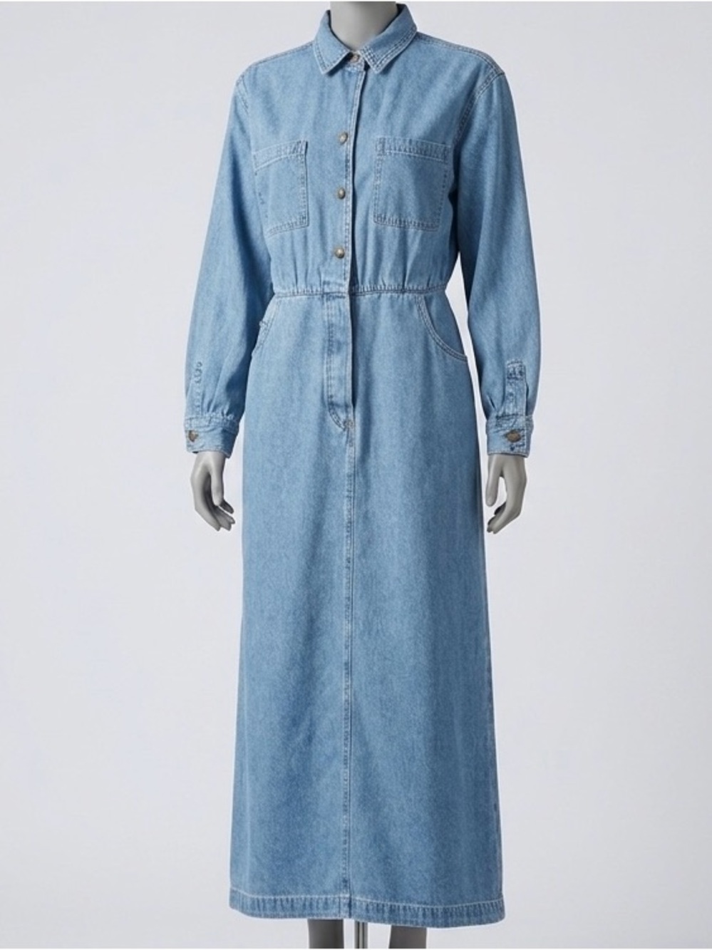 Lands End Vintage Denim Dress Womens 12 Blue Maxi Long Sleeve Cotton Cottagecore